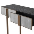 Art deco konzolový stolek Otawa z masivu s šedým potahem ze šagrénové kůže a konstrukcí zaté barvy 180cm
