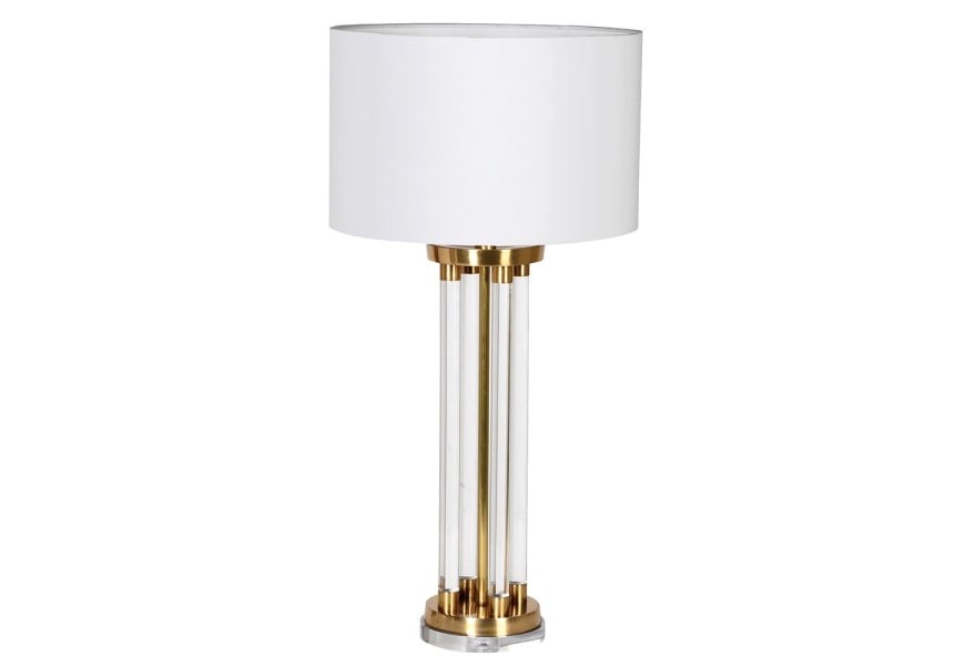 Art deco stolní lampa Minerva v glamour stylu s bílým kulatým stínítkem a mosazným zdobením