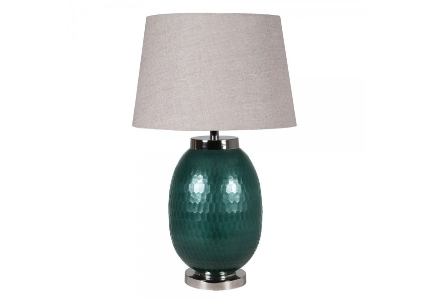 Luxusní stolní lampa Arya se zelenou zaoblenou podstavou s kladívkovým vzorem a pískovým lněným stínítkem