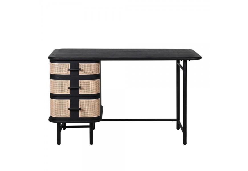 Luxusní kancelářský stolek Emperor z černého dubového dřeva se šuplíky s ratanovým výpletem 130cm