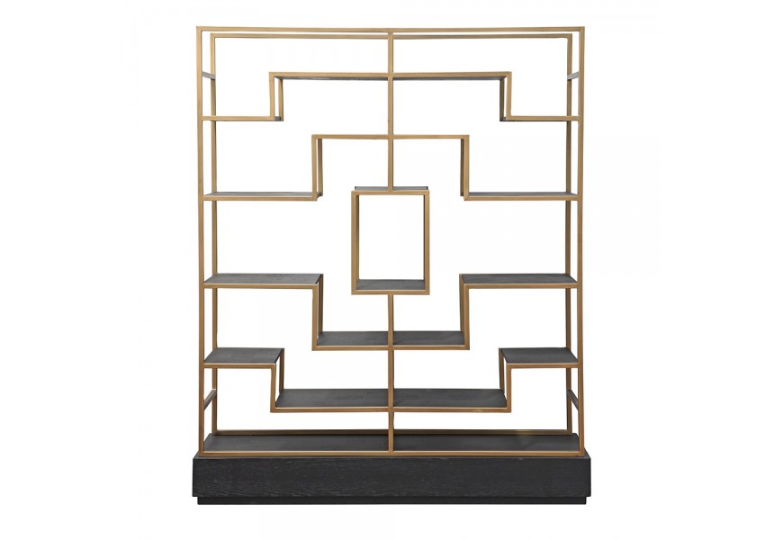 Art deco luxusní regál Emperor s kovovou konstrukcí zlaté barvy s černými dřevěnými poličkami 201cm