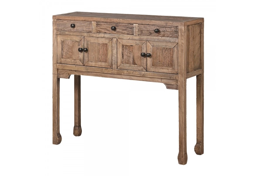 Masivní konzolový stolek Ondine ve venkovském stylu na nožičkcáh se šuplíky a dvířky dubový hnědý