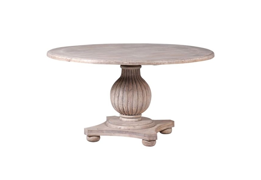 Luxusní rustikální kruhový jídelní stůl Nature světle hnědé barvy s vyřezávanou podstavou a nožičkami