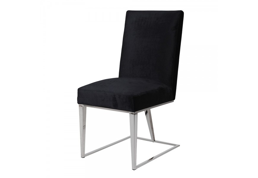Moderní art deco jídelní židle Mayfair s kovovým stříbrnýma nohama a černým sametovým čalouněním