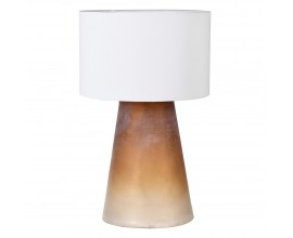 Moderní designová stolní lampa Tiber s hnědo-žlutou skleněnou podstavou a bílým kulatým stínítkem