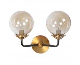 Designová nástěnná lampa Argus v art deco stylu se zlato-černou konstrukcí a kulatými stínítky z kouřového skla