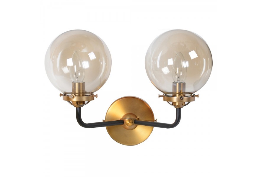 Designová nástěnná lampa Argus v art deco stylu se zlato-černou konstrukcí a kulatými stínítky z kouřového skla