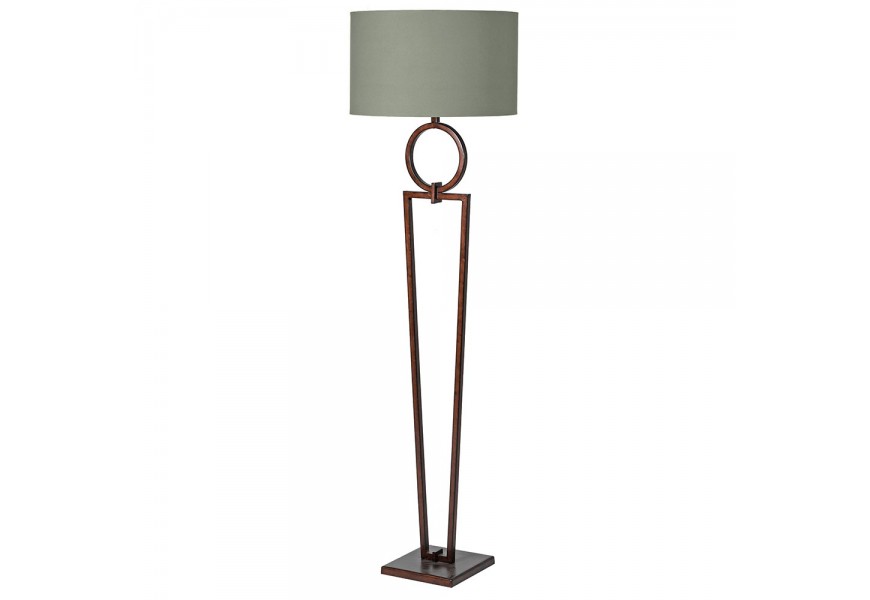 Glamour moderní stojací lampa Adriel s kovovou tmavě hnědou konstrukcí a šedým kulatým stínítkem ze sametu