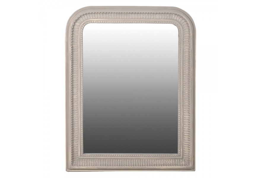 Rustikální nástěnné zrcadlo Lochness s šedým dřevěným vyřezávaným rámem se zaoblenými rohy