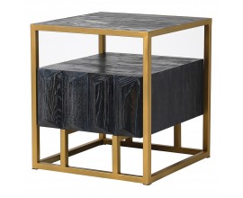 Art-deco černý designový noční stolek Loop z masivu s kovovou konstrukcí ve zlaté barvě 60cm