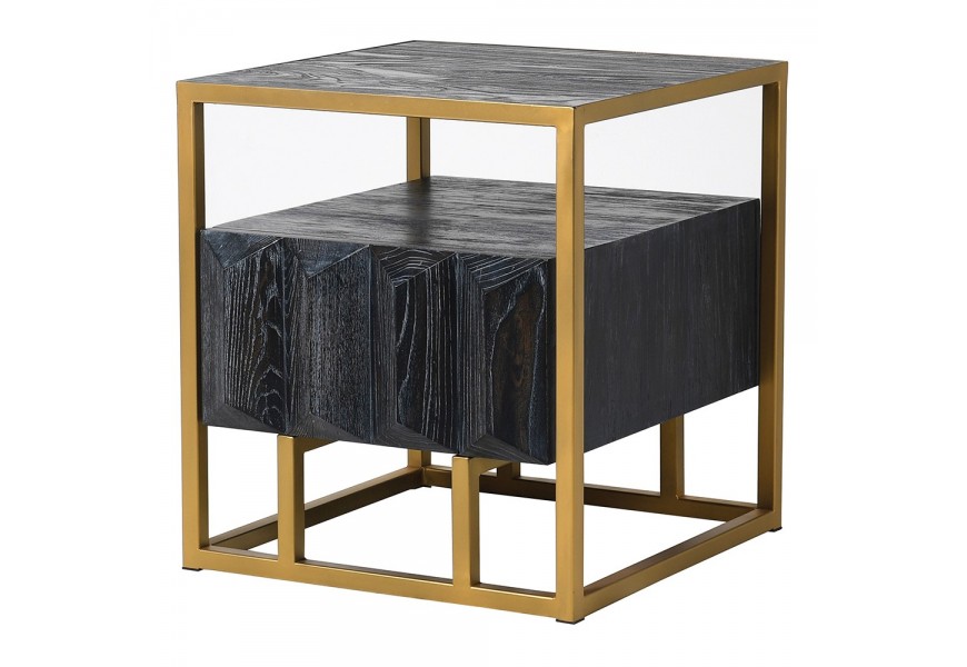 Masivní noční stolek Loop v art-deco stylu s konstrukcí ve zlaté barvě černý