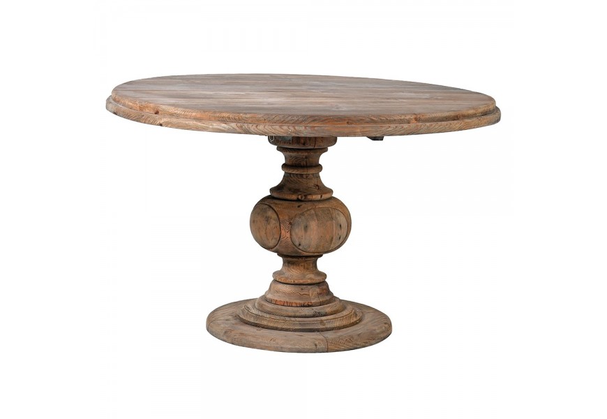 Venkovský jídelní stůl Kolonial z recyklovaného masivního dřeva s vyřezávanou nohou kulatý starohnědý