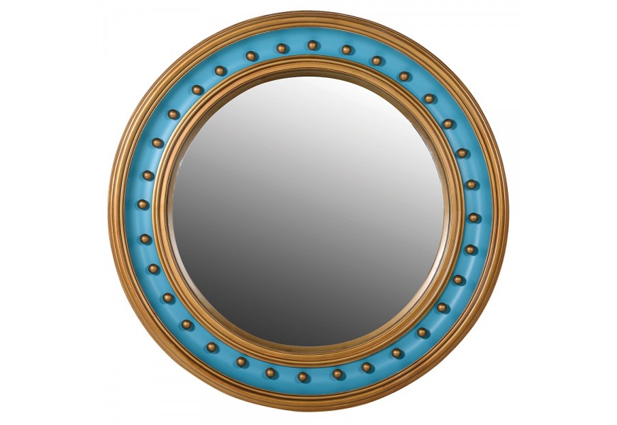 Designové orientální zrcadlo Pasha s kulatým dřevěným rámem modro-zlaté barvy