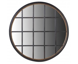 Designové dřevěné nástěnné zrcadlo Peras s kulatým rámem černé barvy se zlatým zdobením