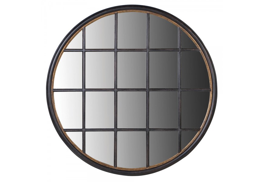 Designové dřevěné nástěnné zrcadlo Peras s kulatým rámem černé barvy se zlatým zdobením