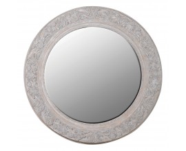 Vintage nástěnné zrcadlo Anwick s dřevěným kulatým rámem šedé barvy s vyřezávaným zdobením