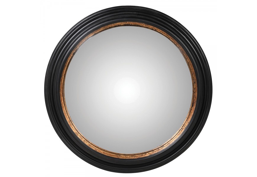 Stylové kulaté vintage zrcadlo Bremen s dřevěným rámem černé barvy s měděným zdobením