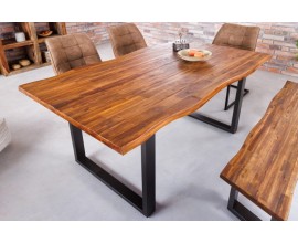 Industriální obdélníkový jídelní stůl Marron Miel z masivního dřeva s černými kovovými nožičkami hnědý