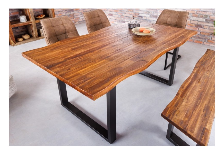 Industriální obdélníkový jídelní stůl Marron Miel z masivního dřeva s černými kovovými nožičkami hnědý