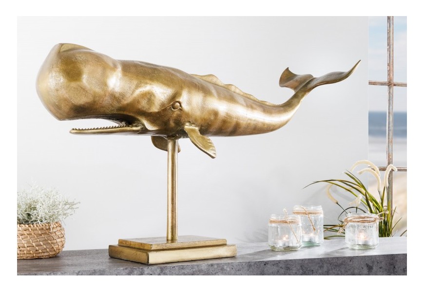 Designová zlatá dekorativní socha velryby Moby z kovové slitiny