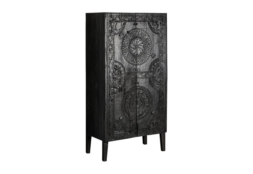 Luxusní orientální šatní skříň Belem z masivního mangového dřeva černé barvy s ornamentálním zdobením ve tvaru mandaly