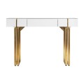 Art deco luxusní konzolový stolek Bynum bílý se skleněnou deskou a kovovými nožičkami ve zlaté barvě 120cm