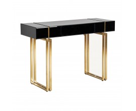 Moderní černý konzolový stolek Bynum ve skleněném provedení se šuplíkem a kovovou podstavou ve zlaté barvě 120cm