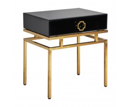 Art-deco černý noční stolek Gasol v luxusním skleněném provedení se šuplíkem a kovovými nožičkami ve zlaté barvě 60cm