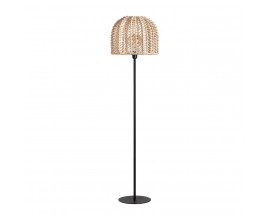 Stylová ratanová lampa Plissé Nature s černou kovovou podstavou a světle hnědým ratanovým stínítkem 150cm