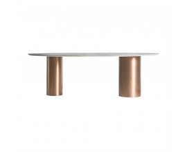 Art-deco oválný jídelní stůl Dorfena s mramorovým vzhledem a kovovými nohama ve zlaté barvě 240cm