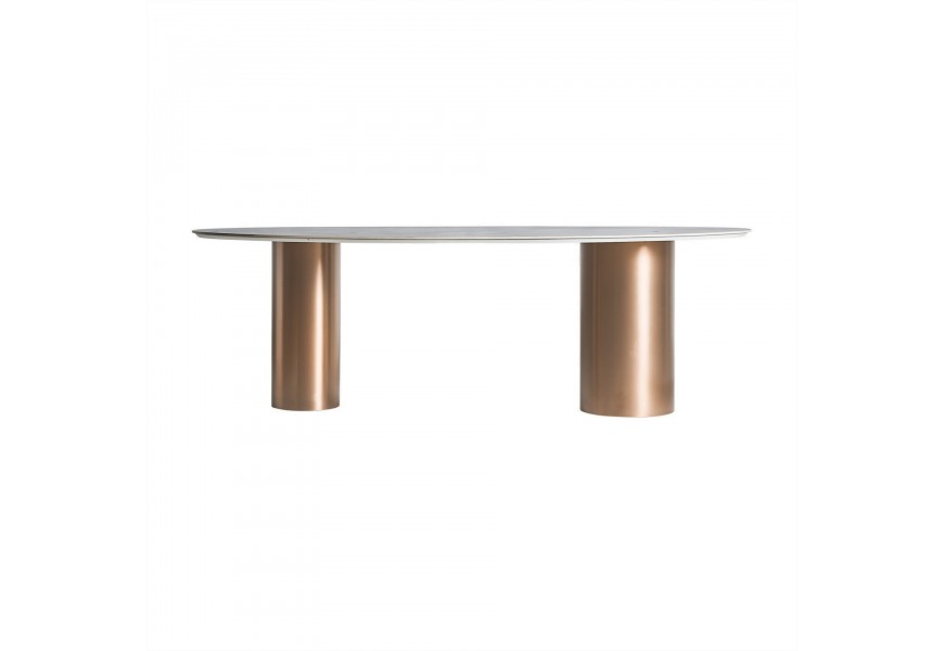 Luxusní oválný jídelní stůl Dorfena v provedení bílý mramor se dvěma mohutnými nožičkami z kovu ve zlaté barvě
