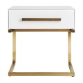Art-deco bílý noční stolek Flara v matném skleněném provedení se šuplíkem a kovovými nožičkami ve zlaté barvě 51cm