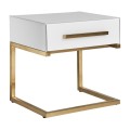Moderní noční stolek Flara bílý se šuplíkem a kovovou podstavou ve zlatém provedení
