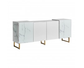 Moderní luxusní příborník Neva Marble v provedení bílý mramor se čtyřmi dvířky a nožičkami ve zlaté barvě 200cm