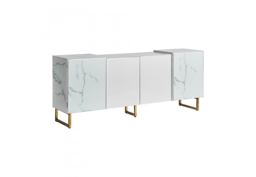 Art-deco příborník Neva Marble s mramorovým vzhledem a kovovými nožičkami ve zlatém provedení