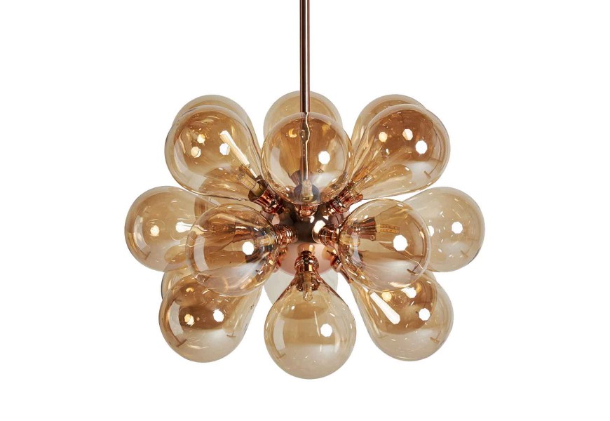 Luxusní závěsná lampa Silantro v měděné barvě s konstrukcí z kovu a skleněnými kruhovými stínítky