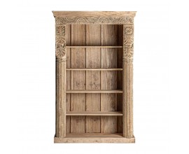 Etno dřevěná knihovna Maleesa přírodní hnědé barvy s pěti poličkami a ornamentálním vyřezáváním 195cm