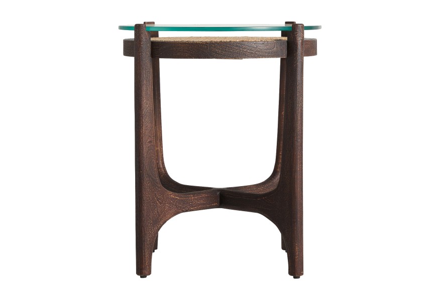 Moderní kulatý příruční stolek Nossen z mangového dřeva, skla a ratanu v hnědé barvě 56cm