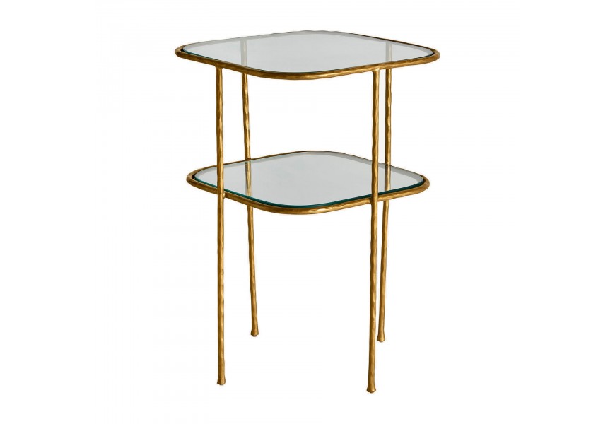 Glamour noční stolek Amuny v art-deco zlatém provedení ze železa se skleněnými deskami
