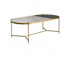 Mramorový konferenční stolek Amuny ve stylu art deco se železnou podstavou ve zlaté barvě oválný černo-bílý 120cm