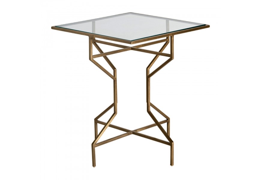 Designový zlatý příruční stolek Amuny v art deco stylu s železnou konstrukcí v atypickém tvaru čtvercový