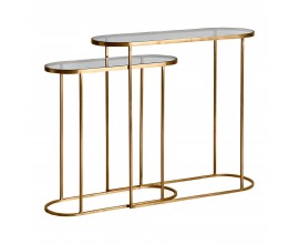 Art-deco set oválných konzolových stolků Amuny se skleněnou deskou a kovovou konstrukcí ve zlaté barvě 91cm