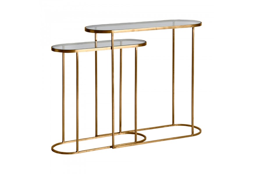 Set oválných stolků Amuny v art deco glamour stylu s vrchní deskou ze skla a železnou podstavou zlatý