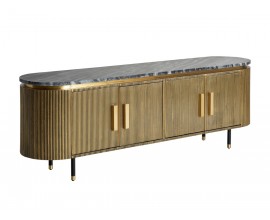 Art deco glamour ovální TV stolek Chamoix ve zlatém provedení s kovovou konstrukcí a černou mramorovou deskou 180cm