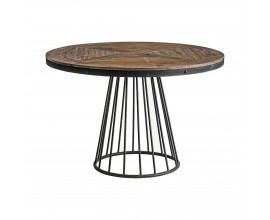 Masivní vintage jídelní stůl Lavia Pine z masivního dřeva s černým kovovým rámem a podstavou kulatý hnědý 120cm