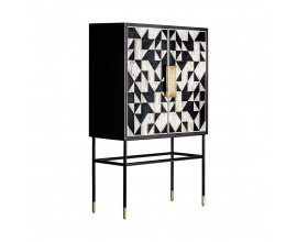 Luxusní art deco barová skříňka Lauderdale černé barvy z kovu a dřeva s intarzií a zlatým zdobením 150cm