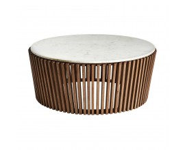 Art deco konferenční kulatý stolek Missy z hnědého akáciového dřeva a vrchní deskou z bílého mramoru 100cm