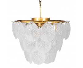 Luxusní art deco kulatý skleněný lustr Leaf s bílými neprůhlednými listy a zlatou kovovou konstrukcí 57 cm