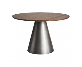 Moderní kulatý jídelní stůl Seipur se stříbrnou kovovou podstavou a masivní hnědou vrchní deskou 120cm