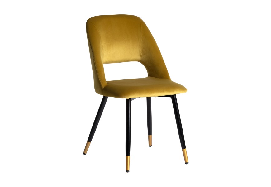 Exkluzivní sametová jídelní židle Celia v art deeco stylu s okrovým žlutým potahem a černýma nohama z kovu